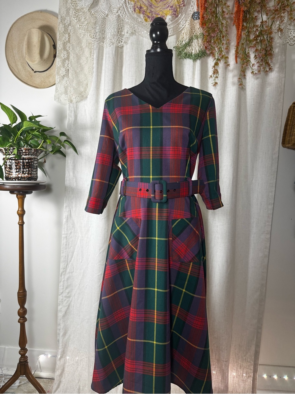 Collectif Green and Red Plaid Belted Midi Dress